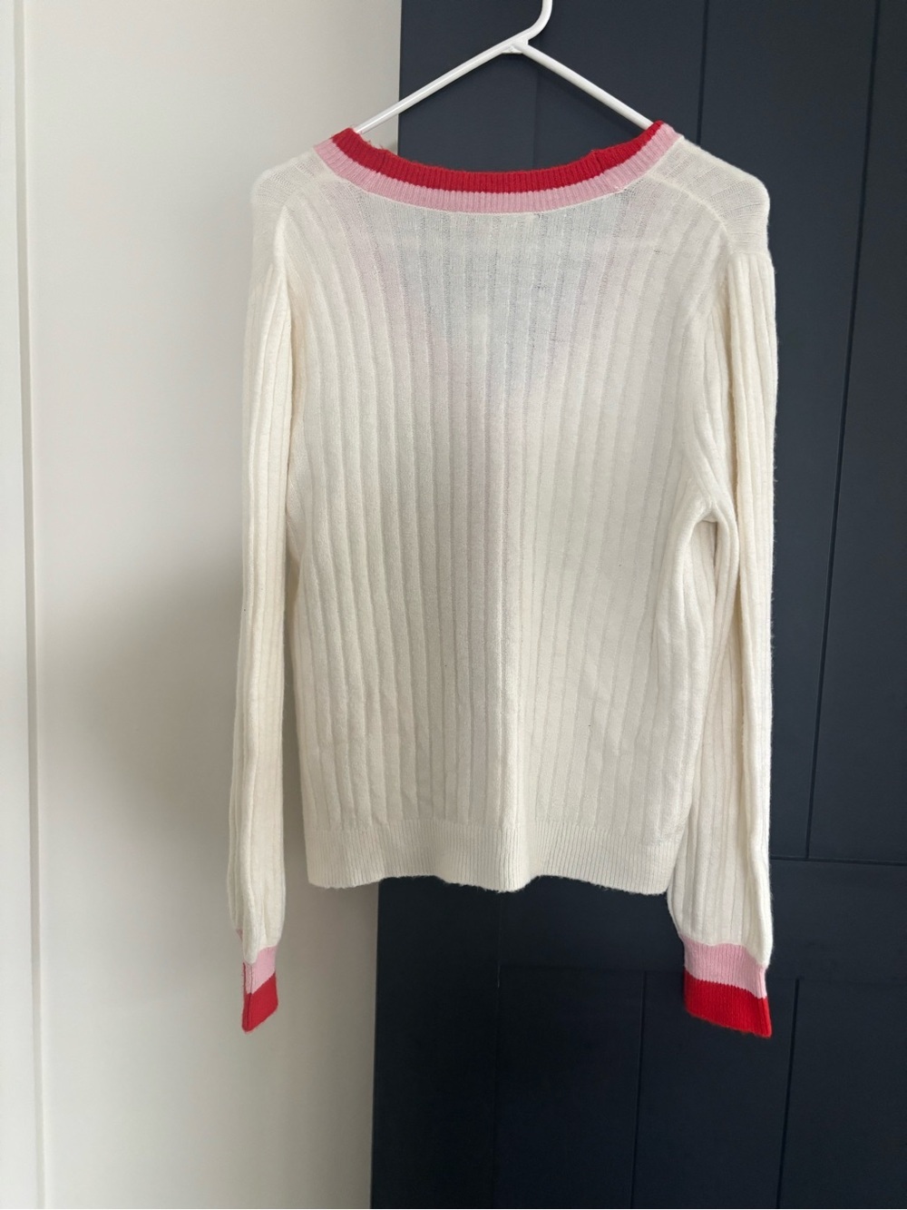 LOFT Cream Ribbed Cardigan with Pink and Red trim. NWT size large - Picture 2 of 3